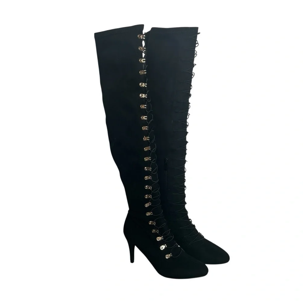 Journee Trill Black Wide Calf Thigh High Heeled Lace Up Boot Women’s Size 8.5